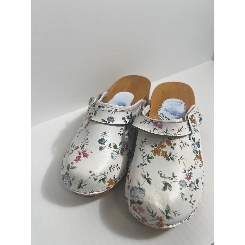 Orthopedik Floral Leather Clogs Womens 41‎ White Wood Sole Cottagecore Mules - Picture 7 of 10
